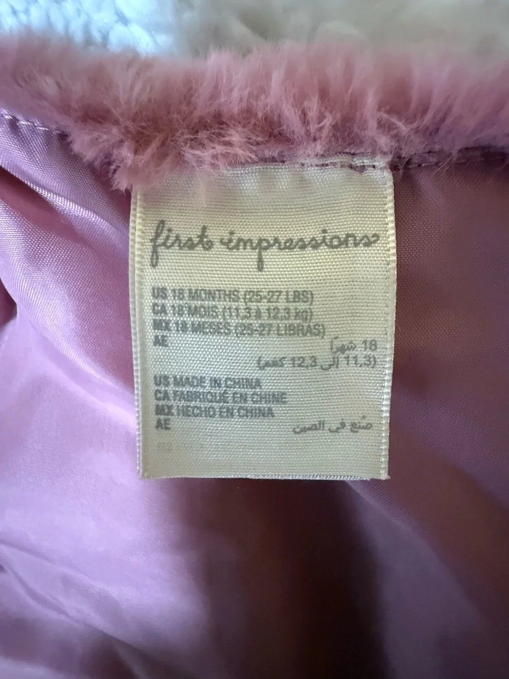First Impressions Pink Faux Fur Lined Jacket